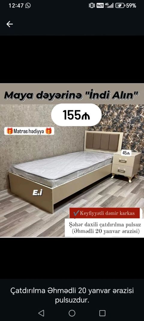 Tək nəfərlik yataq dəsti – başlıq və tumba ilə. - Qiymət: 155 — 155 ₼ · Bakı · Yataq otağı mobilya dəstləri Tək nəfərlik yataq dəsti – başlıq və tumba ilə. - Qiymət: 155 — Bakı