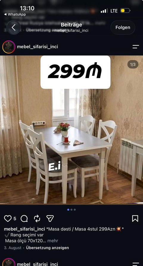 Masa dəsti – masa + 4 stul Qiymət: 299 AZN Rəng seçimi var — 299 ₼ · Bakı · Masalar və stullar Masa dəsti – masa + 4 stul Qiymət: 299 AZN Rəng seçimi var — Bakı