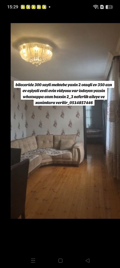 80 kv. m, 2 otaqlı, İnternet, Telefon, Qaz — 350 ₼ · Bakı · Ev, villa 80 kv. m, 2 otaqlı, İnternet, Telefon, Qaz — Bakı