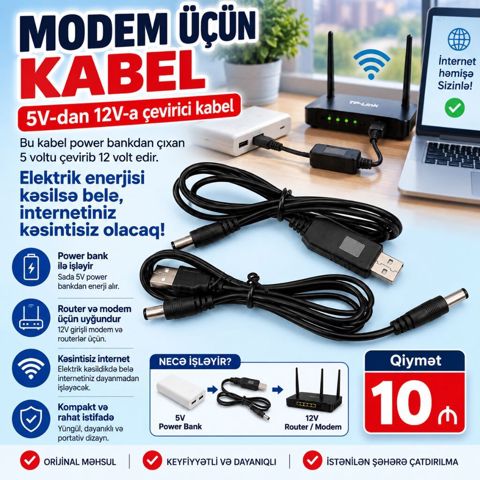 Modem üçün kabel. Bu kabel ilə elektrik enerjisini power bank — Lənkəran