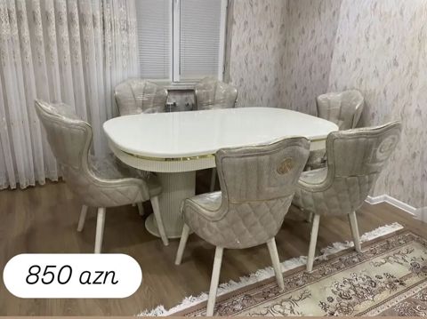 Yemək otağı dəsti – 6 stul + oval masa - Masa: ağ, parlaq səthli oval — Bakı