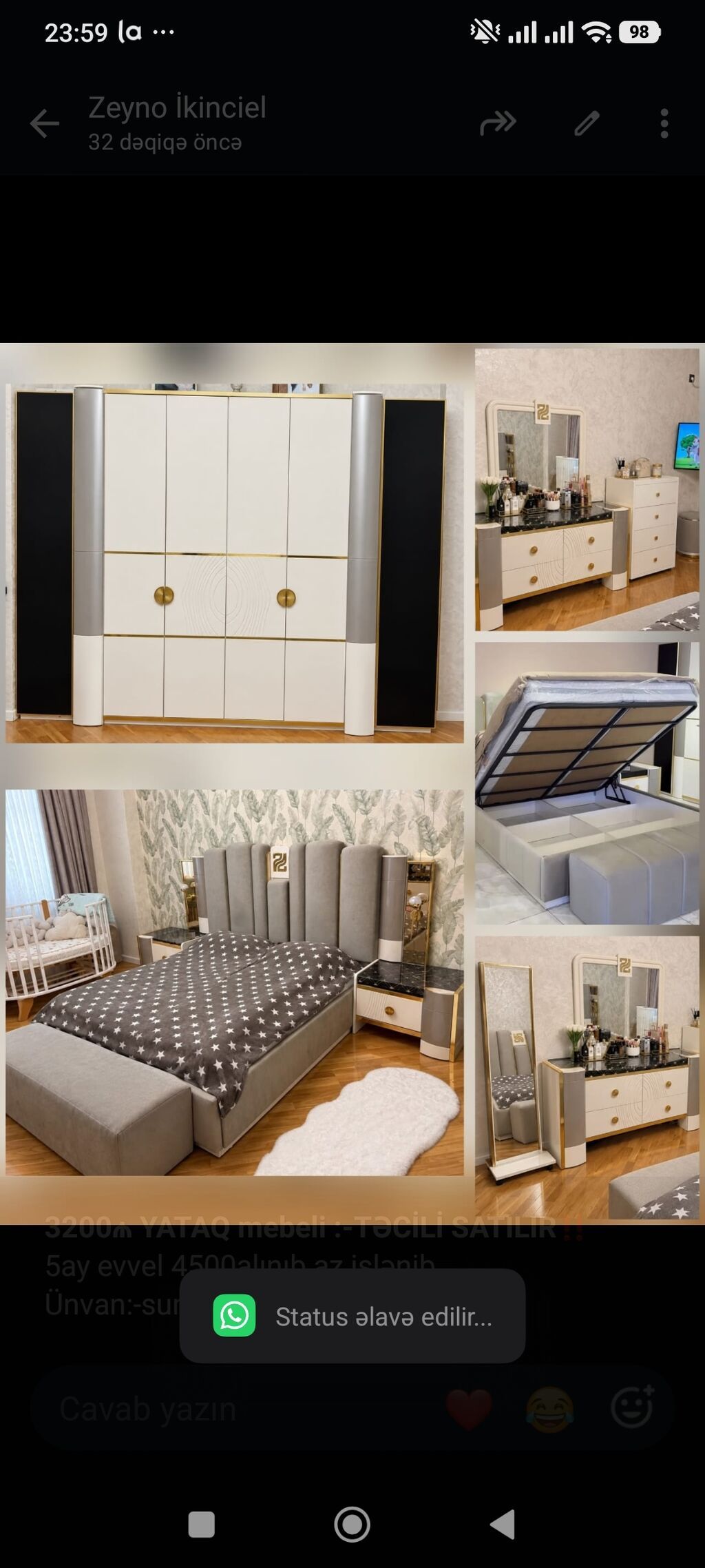 *3200₼ Yataq mebeli Satılır*‼ 5ay evvel 4500alınıb az — Yataq otağı mobilya dəstləri, Bakı
