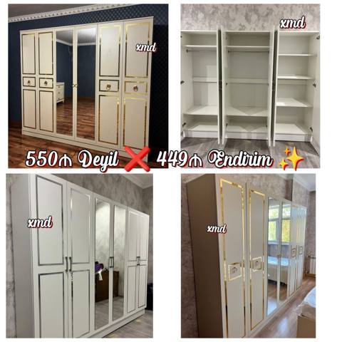Şkaf – 4 qapılı, güzgülü model - Klassik dizayn: ağ korpus, qızılı — Sumqayıt