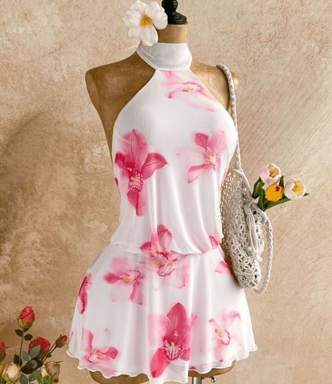 Ağ rəngli, çəhrayı çiçək printli mini don - Model: halter boyunlu — Sura