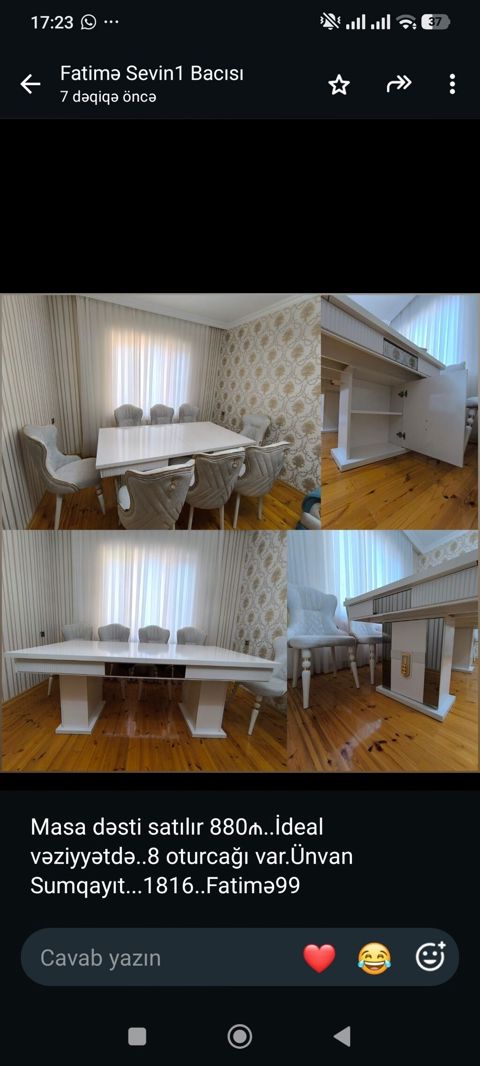 Masa dəsti satılır 880₼. İdeal vəziyyətdə. 8 oturcağı var.Ünvan — 880 ₼ · Bakı · Masalar və stullar Masa dəsti satılır 880₼. İdeal vəziyyətdə. 8 oturcağı var.Ünvan — Bakı