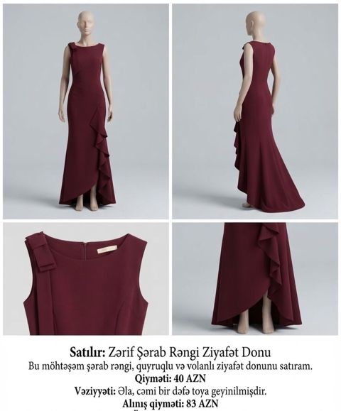 Zərif Şərab Rəngi Ziyafət Donu Bu möhtəşəm şərab rəngi, quyruqlu və — 40 ₼ · Bakı · Axşam paltarları Zərif Şərab Rəngi Ziyafət Donu Bu möhtəşəm şərab rəngi, quyruqlu və — Bakı