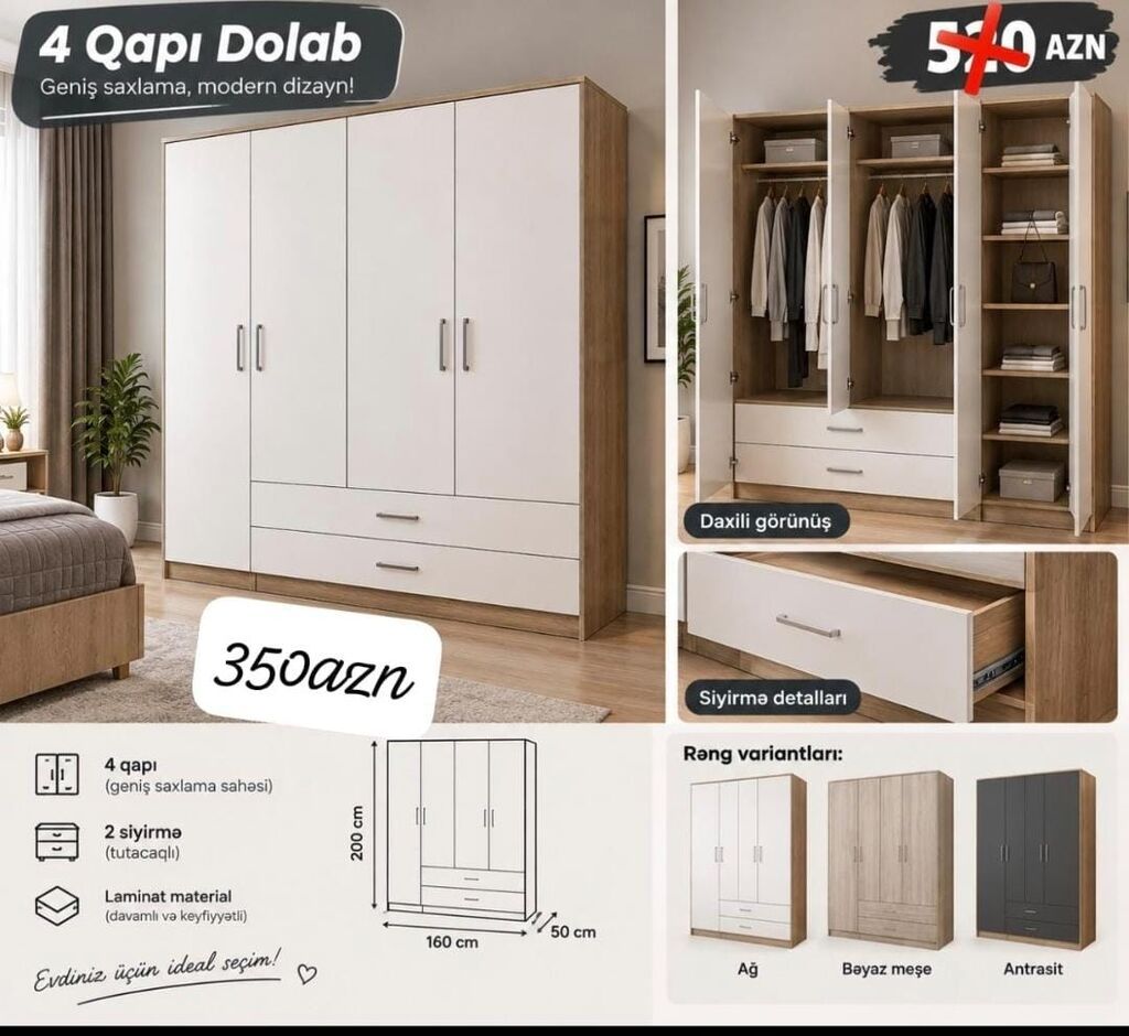 4 qapılı dolab – geniş saxlama, müasir dizayn Xüsusiyyətlər: - 4 qapı — Şkaflar, Mehdiabad
