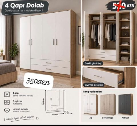 4 qapılı dolab – geniş saxlama, müasir dizayn Xüsusiyyətlər: - 4 qapı — Mehdiabad