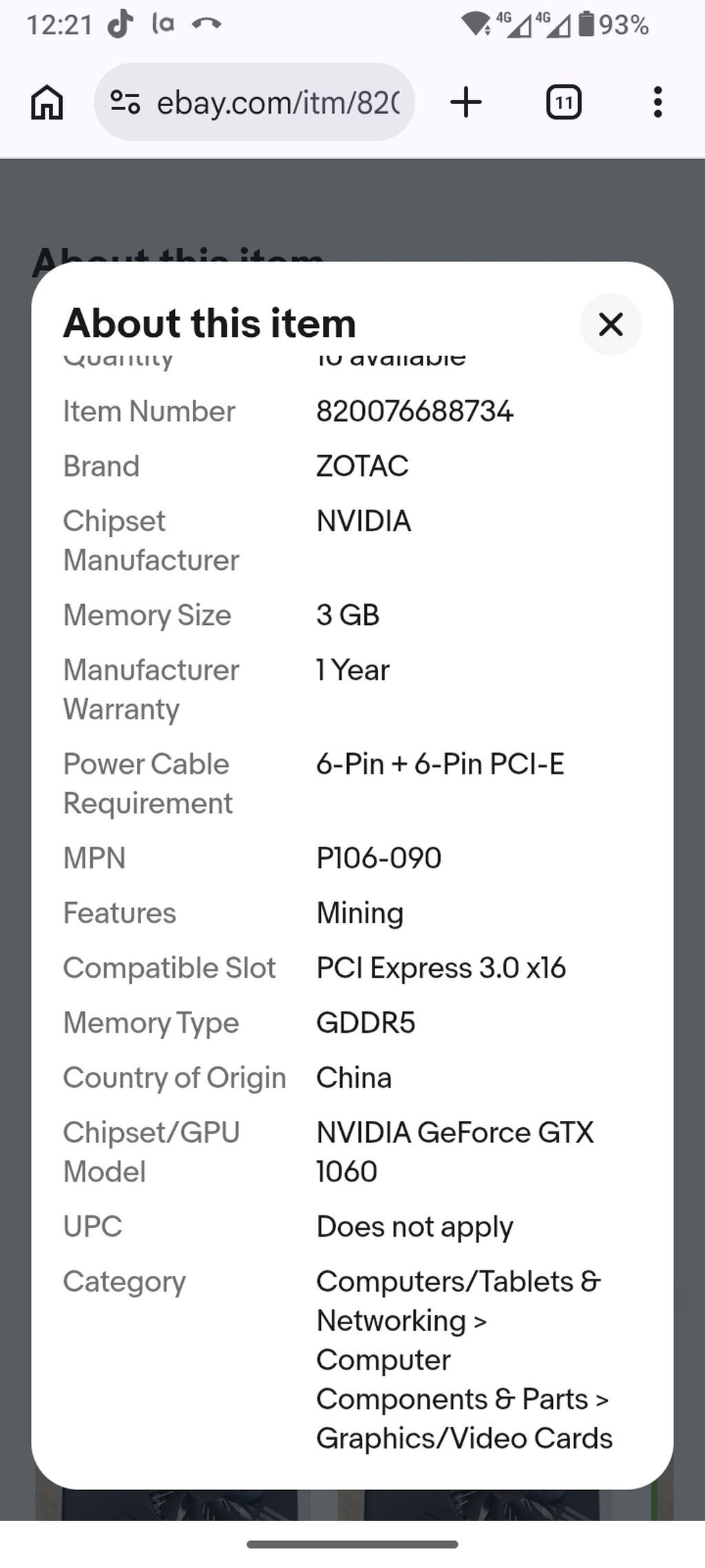 Zotac Nvıdıa GeForce P106-90 (P106-090) 3 (4) GB GDDR5 qrafik kartı — Qrafik kartlar, Digah (2)