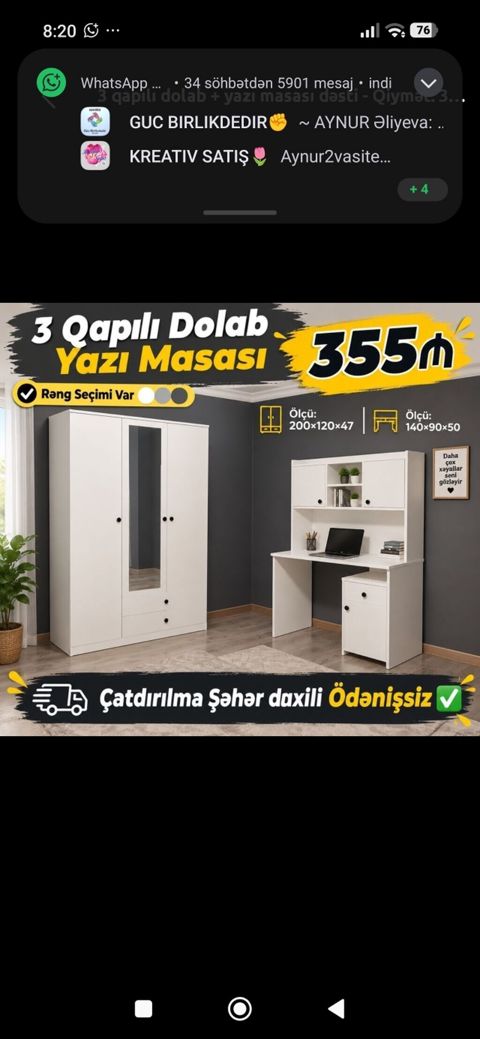 3 qapılı dolab + yazı masası dəsti - Rəng seçimi var - Dolab ölçüsü — 355 ₼ · Bakı · Yumşaq mobilya dəstləri 3 qapılı dolab + yazı masası dəsti - Rəng seçimi var - Dolab ölçüsü — Bakı