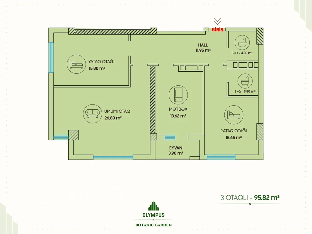 3 otaqlı mənzil, 96 m², Mikayıl Müşviq — Mənzil, Bakı (9)