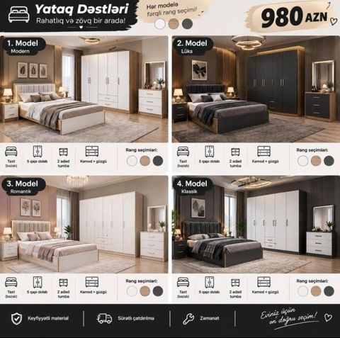 Yataq Dəstləri – rahatlıq və zövq bir arada 4 fərqli model: 1 — 980 ₼ · Mehdiabad · Yataq otağı mobilya dəstləri Yataq Dəstləri – rahatlıq və zövq bir arada 4 fərqli model: 1 — Mehdiabad