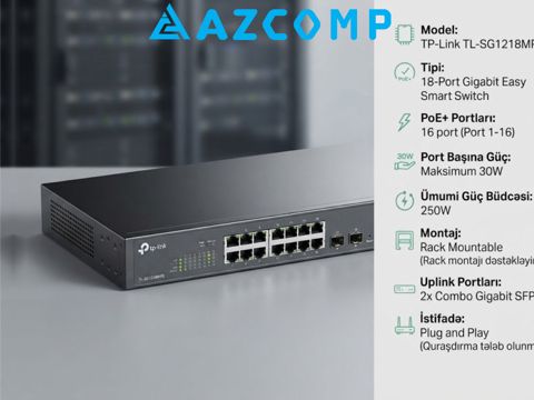 TP-Link TL-SG1218MPE 18-Port Gigabit Smart Managed Switch 16-Port PoE+ — 399 ₼ · Bakı · Şəbəkə və server avadanlığı TP-Link TL-SG1218MPE 18-Port Gigabit Smart Managed Switch 16-Port PoE+ — Bakı