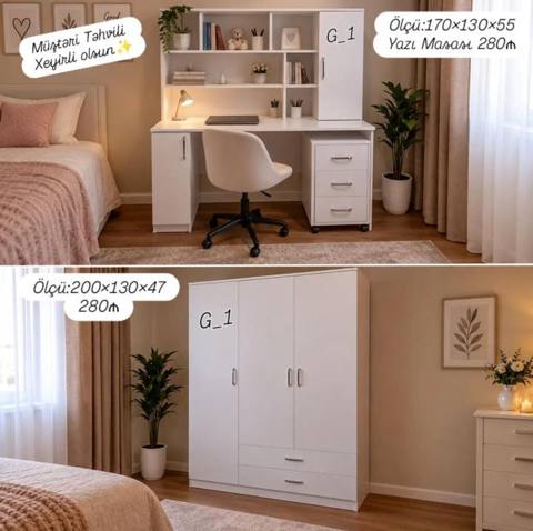 Ağ rəngli yataq otağı mebel dəsti - Yazı masası: ölçü 170×130×55 sm — sifaris_yeni_mebel_Gülü_Hüseyn