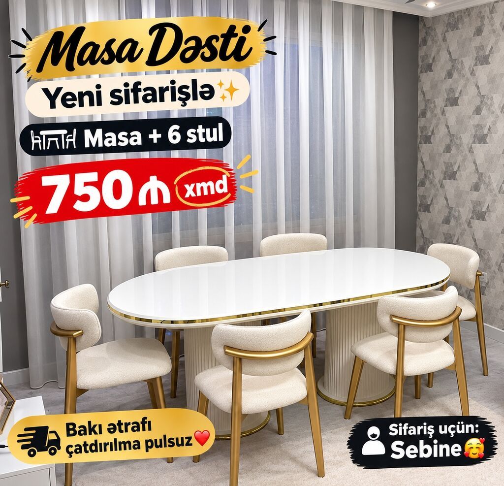 Məhsul: Masa Dəsti – Yeni sifarişlə Tərkib: 1 masa + 6 stul — Masalar və stullar, Saray