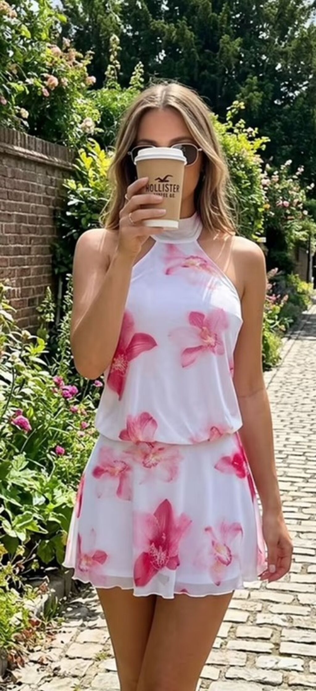 Ağ rəngli, çəhrayı çiçək printli mini don - Model: halter boyunlu — Gündəlik paltarlar, Bakı (3)