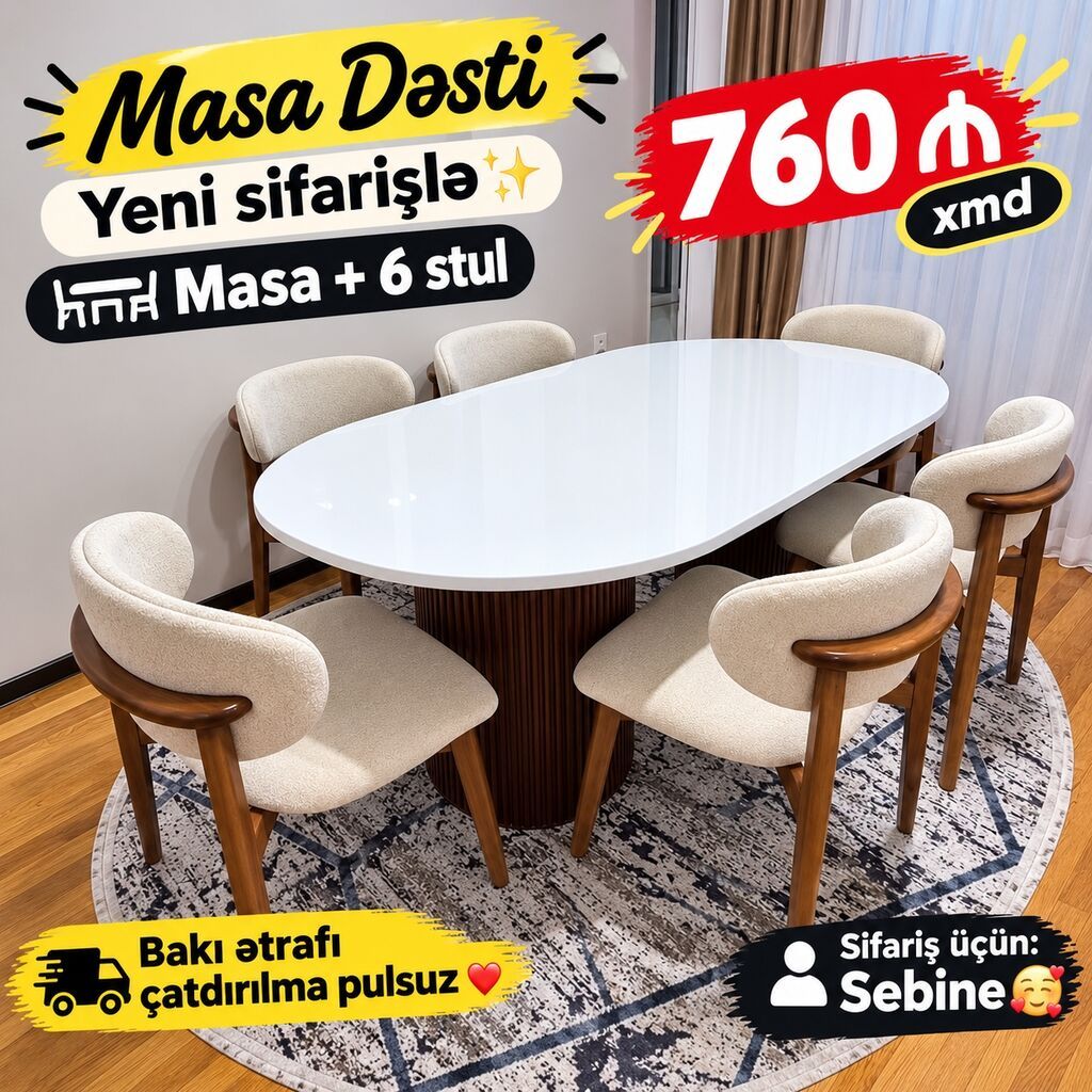 Məhsul: Masa Dəsti – Yeni sifarişlə Tərkib: 1 masa + 6 stul — Masalar və stullar, Saray (2)