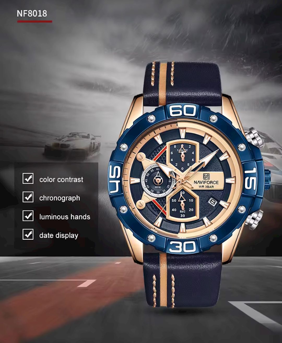 Qol saatı NaviForce 8018T Black/Gold/Blue — Mallar, Bakı (2)