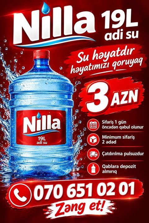 Nilla 19L adi su - Həcm: 19 litr - Qiymət: 3 AZN (göy butulka şəkilli — Xırdalan