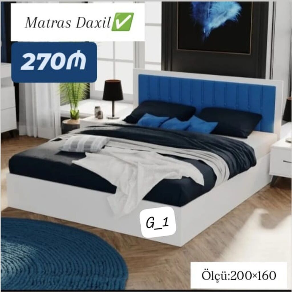 Müasir dizaynlı iki nəfərlik çarpayı - Ölçü: 200×160 - Rəng: ağ — Yataqlar, Bakı