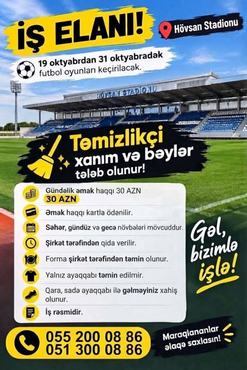 Xadimə tələb olunur, İstənilən yaş, Təcrübəsiz, Növbəli qrafik, Gündəlik ödəniş — Bakı