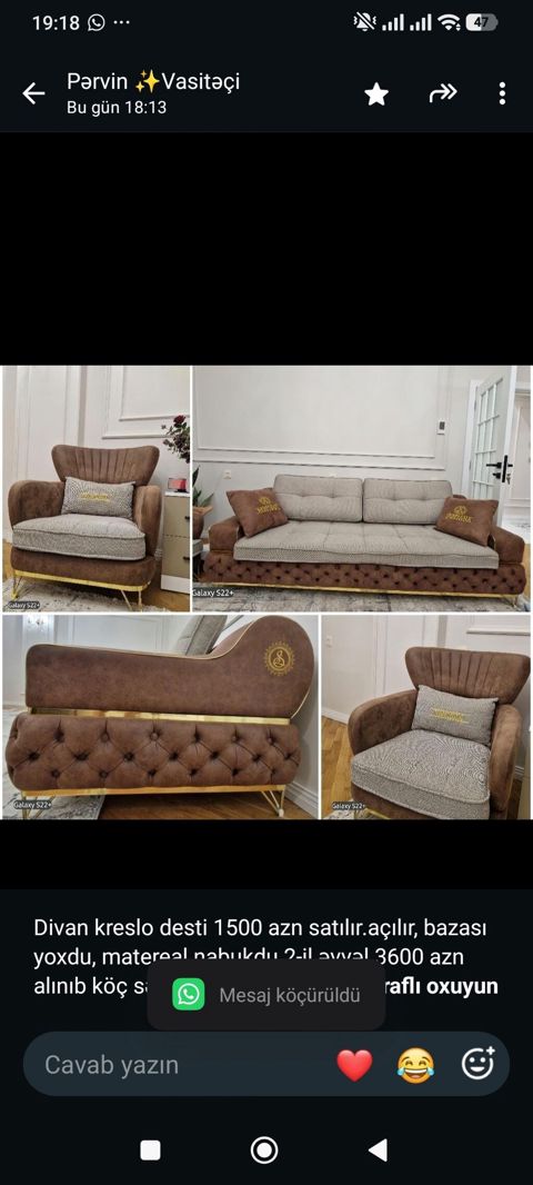 Divan kreslo desti 1500 azn satılır.açılır, bazası yoxdu, matereal — 1 500 ₼ · Bakı · Yumşaq mobilya dəstləri Divan kreslo desti 1500 azn satılır.açılır, bazası yoxdu, matereal — Bakı