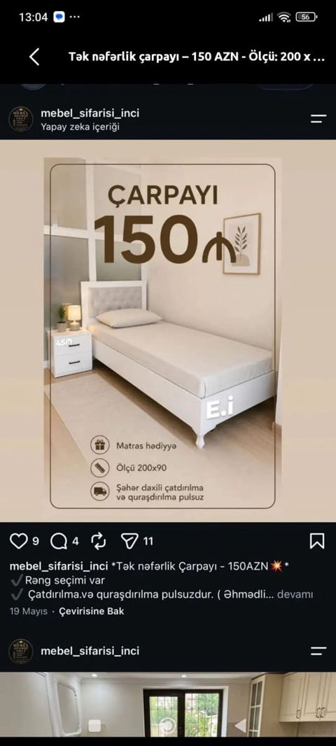 Tək nəfərlik çarpayı - Qiymət: 150 AZN - Ölçü: 200 x 90 sm - Matras — Sumqayıt