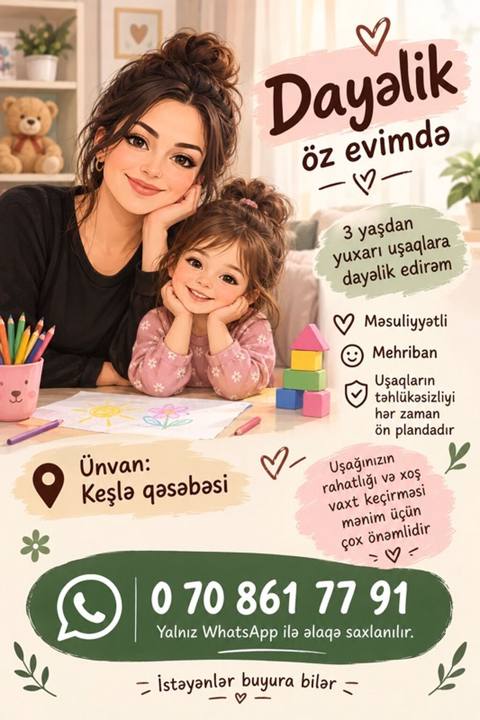 Dayəlik xidməti – öz evimdə - 3 yaşdan yuxarı uşaqlara baxım — 450 ₼ · Bakı, Nərimanov · Nyanya, upa Dayəlik xidməti – öz evimdə - 3 yaşdan yuxarı uşaqlara baxım — Bakı