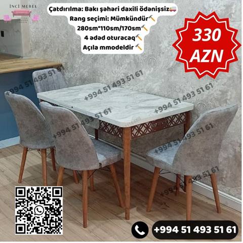 Qonaq otağı üçün, Yeni, Açılan, Dördbucaq masa, 4 stul — İnci mebel