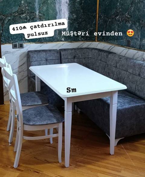 Mətbəx üçün künc dəsti və masa-stul modelləri - Künc divanı + ağ masa — Bakı