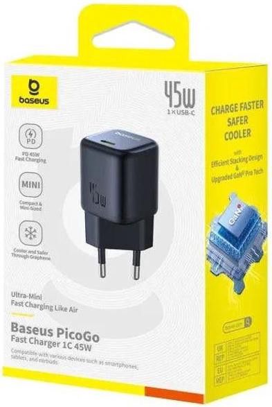 Baseus PicoGo GaN Fast Charger 1C 45W EU Cosmic Black — Şarj cihazları, Bakı (4)