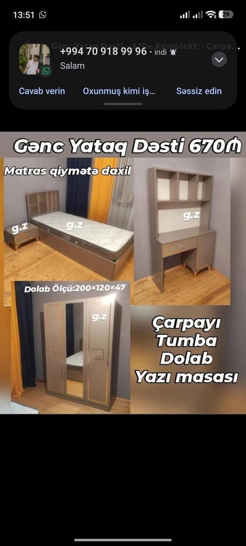 Gənc Yataq Dəsti – 670₼ Komplekt: - Çarpayı (başlıqla) - Matras — Digah