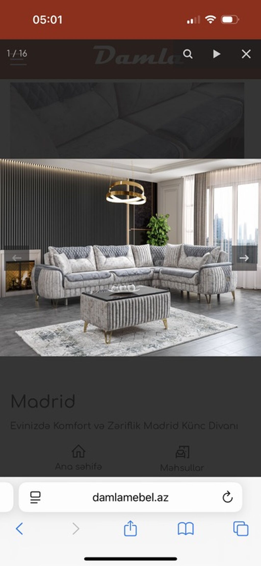 Madrid künc divanı - Dizayn: Müasir və zərif L formalı künc divan — Yumşaq mobilya dəstləri, Bakı