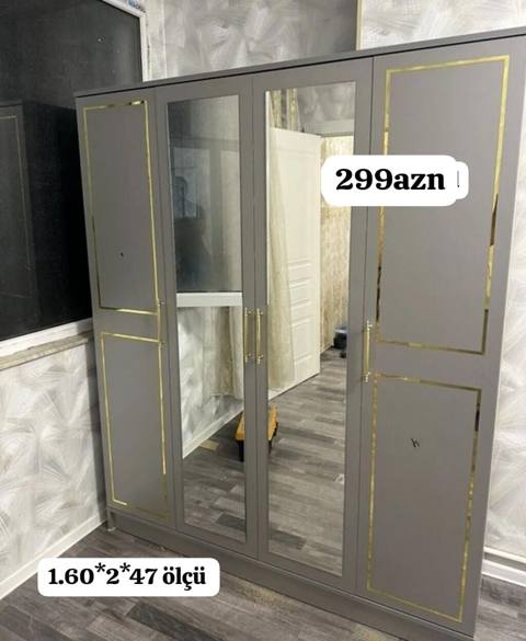 4 qapılı paltar dolabı - Rəng: boz, qızılı dekor xətləri ilə - Orta — Mehdiabad