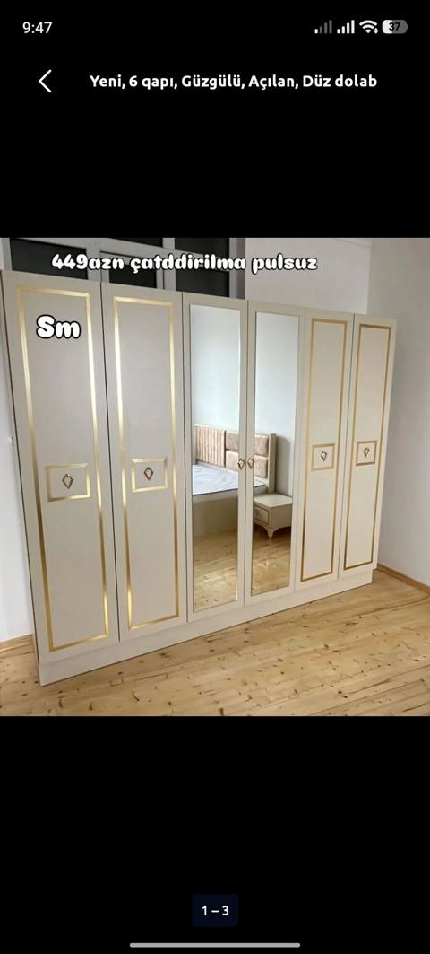 6 qapılı, güzgülü açılan dolab - Model: düz konstruksiya, 6 qapı - Ön — Digah