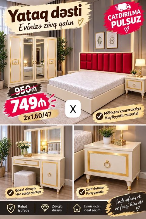 Yataq dəsti – evinizə zövq qatan komplekt Tərkib: - Geniş qarderob — Bakı