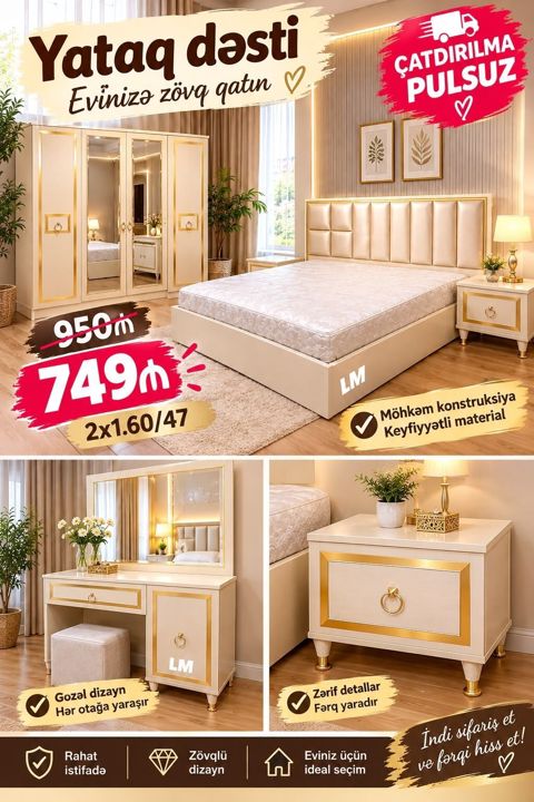 Yataq dəsti – evinizə zövq qatan klassik-lüks stil Tərkibi: - 1 ədəd — 749 ₼ · Bakı · Yataq otağı mobilya dəstləri Yataq dəsti – evinizə zövq qatan klassik-lüks stil Tərkibi: - 1 ədəd — Bakı