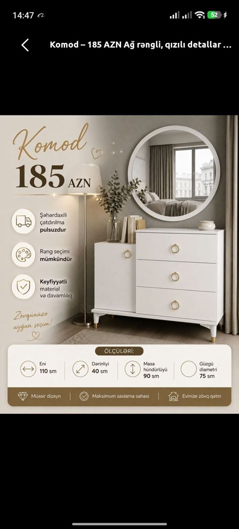 Ağ rəngli komod və dairəvi güzgü dəsti - Qiymət: 185 AZN — Tovarlar