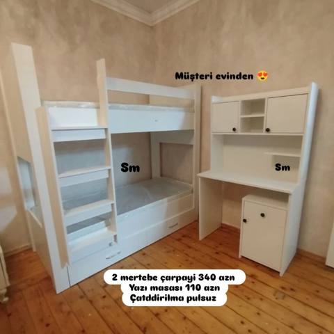 Ağ rəngli uşaq otağı dəsti: - 2 mərtəbəli çarpayı: yuxarıya — Bakı