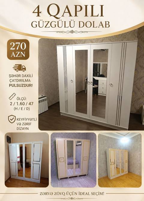4 qapılı güzgülü dolab - Qiymət: 270 AZN - Şəhər daxilində çatdırılma — Digah