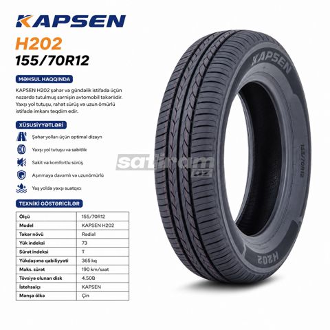 Təkər Kapsen 155/70R12 H202 — 50 ₼ · Bakı · Ehtiyat hissələri və aksesuarlar Təkər Kapsen 155/70R12 H202 — Bakı
