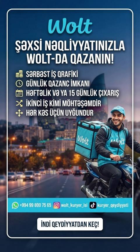 Sürücü-kuryer tələb olunur, Şəxsi nəqliyyat vasitəsi ilə, Həftəlik ödəniş, Təcrübəsiz — 2 100 ₼ · Bakı · Nəqliyyat, logistika, anbar Sürücü-kuryer tələb olunur, Şəxsi nəqliyyat vasitəsi ilə, Həftəlik ödəniş, Təcrübəsiz — Bakı