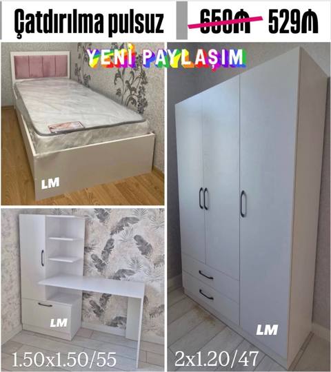 Uşaq/yeniyetmə otağı üçün ağ mebel dəsti Dəst: - Tək nəfərlik çarpayı — Bolalar mebel toʻplamlari