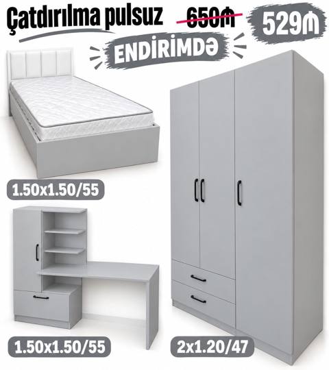 Uşaq/yeniyetmə otağı üçün boz rəngdə mebel dəsti: - Tək nəfərlik — Bakı