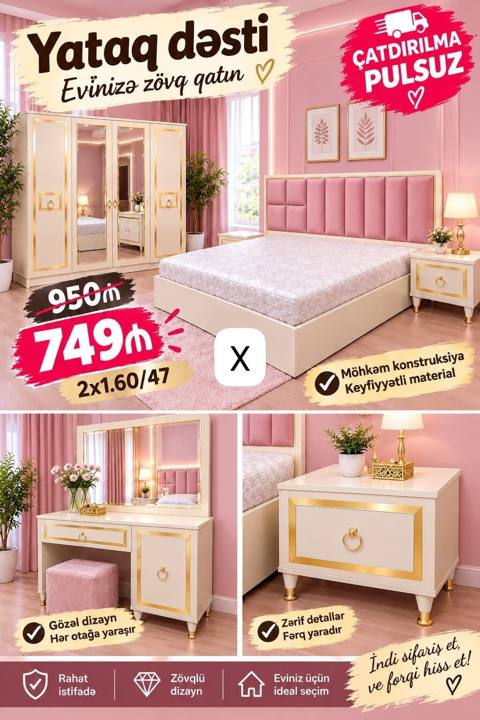 Yataq dəsti – Evinizə zövq qatın Dəstin tərkibi: - 2x1.60/47 ölçülü — Ucuz serfeli Mebel