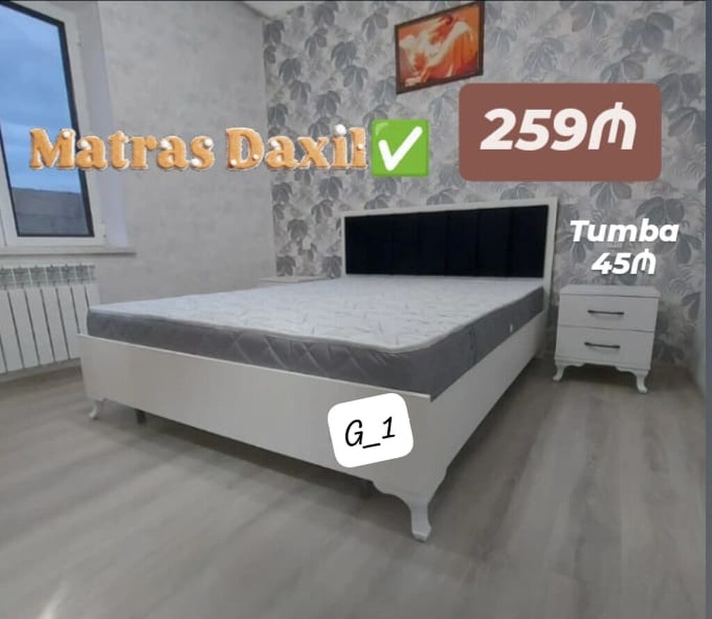 Yataq dəsti – matras daxil - Klassik ağ karkaslı, zərif oyma ayaqlı — Yataqlar, Sumqayıt