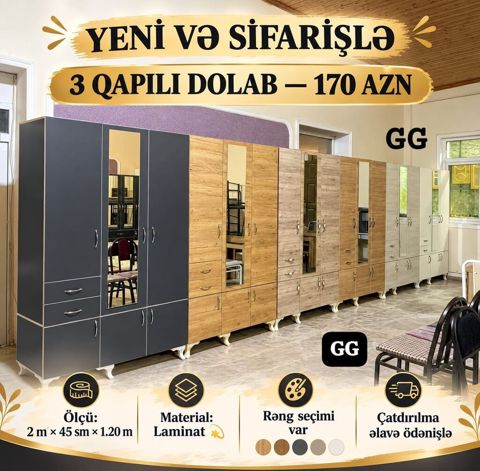 Yeni ve Sifarişle 3 Qapili dolab 170 azn Material Laminat Ölcü — Bakı