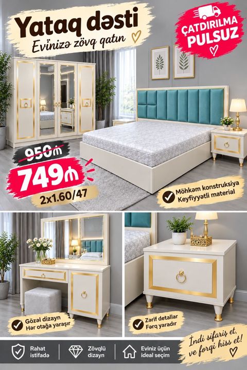 Yataq dəsti – evinizə zövq qatan dəbli seçim Komplekt: - 2x1.60/47 — Bakı