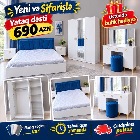 Yataq dəsti – yeni və sifarişlə Komplekt: - Çarpayı (yumşaq mavi — ucuz.mebel