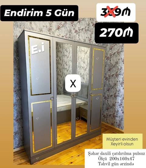 Geniş güzgülü dolab - Ölçü: 200 x 160 x 47 sm - Rəng: boz tonlarda — Bakı